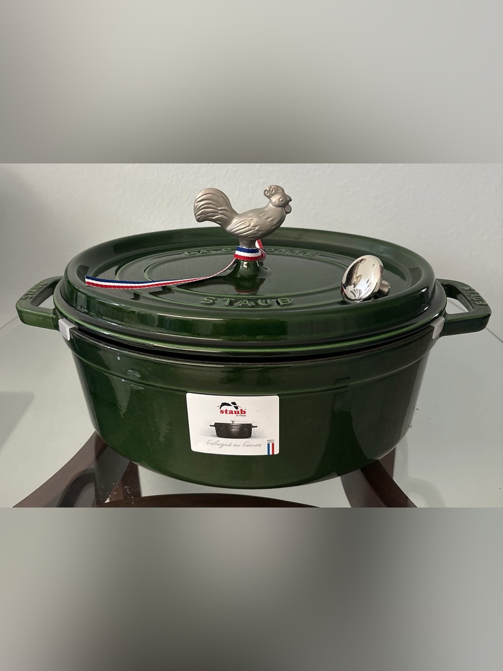 Staub Forest Green Round Dutch Oven with Rooster Knob